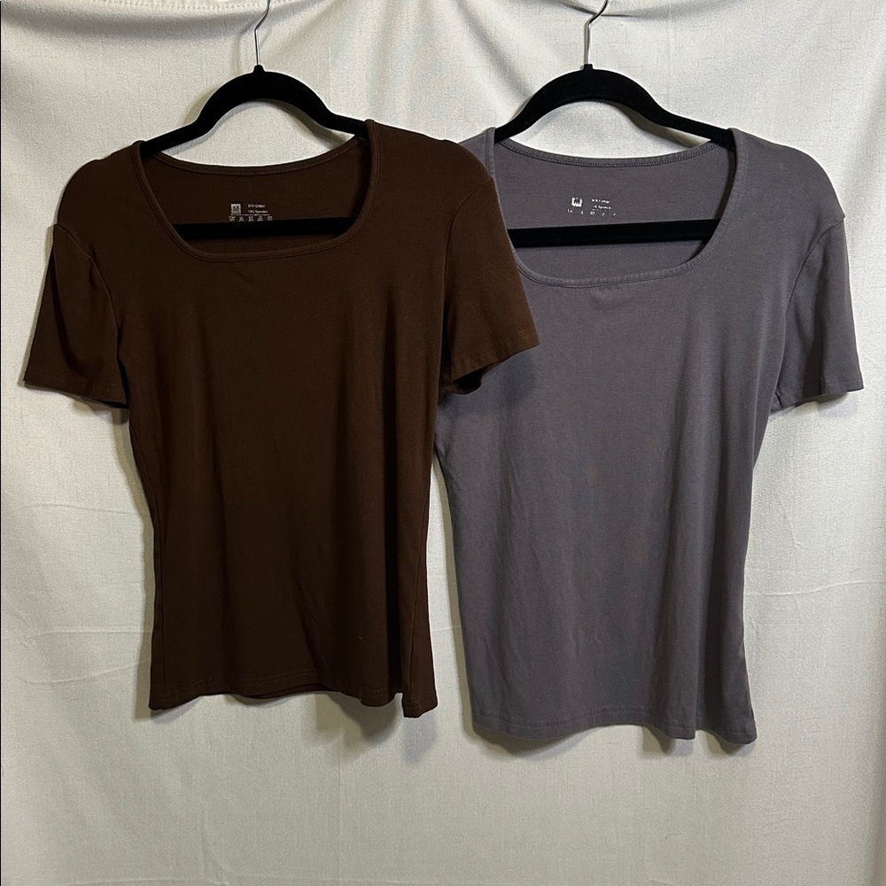 Brown and Gray Square Neck Short Sleeve Tops